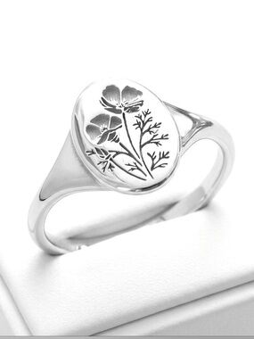 New Minimalist Bohemian Orchid Sterling Silver Signet Floral Engraved Ring